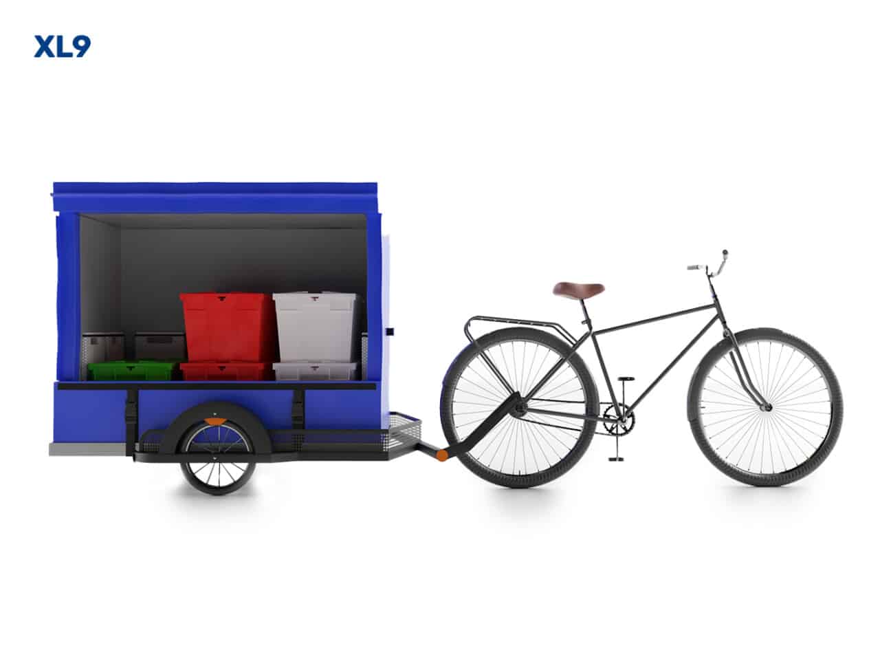 Bicycle with a blue trailer carrying insulated containers for temperature-controlled food delivery.